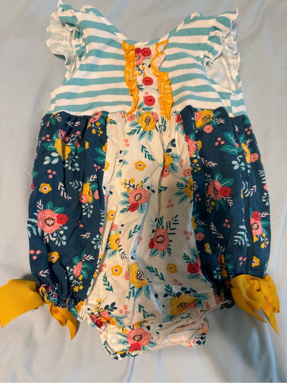 Ricrac & Ruffles - Striped & Floral Baby Romper with Yellow Accents